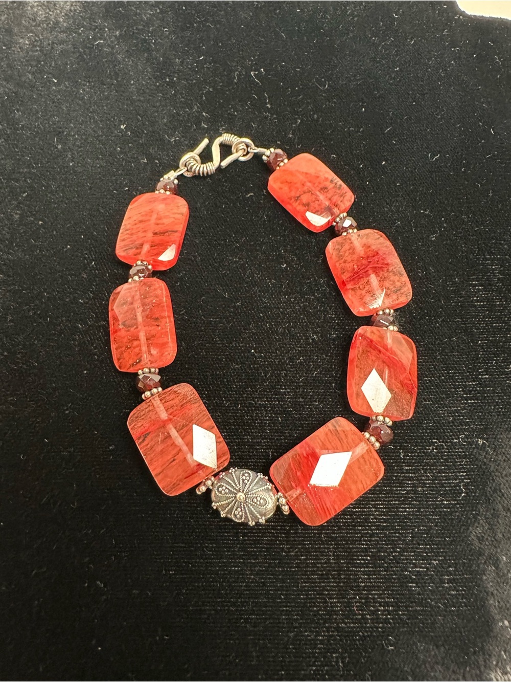 Artisan Cherry Quartz & Garnet Gemstones w/ Bali silver Bracelet